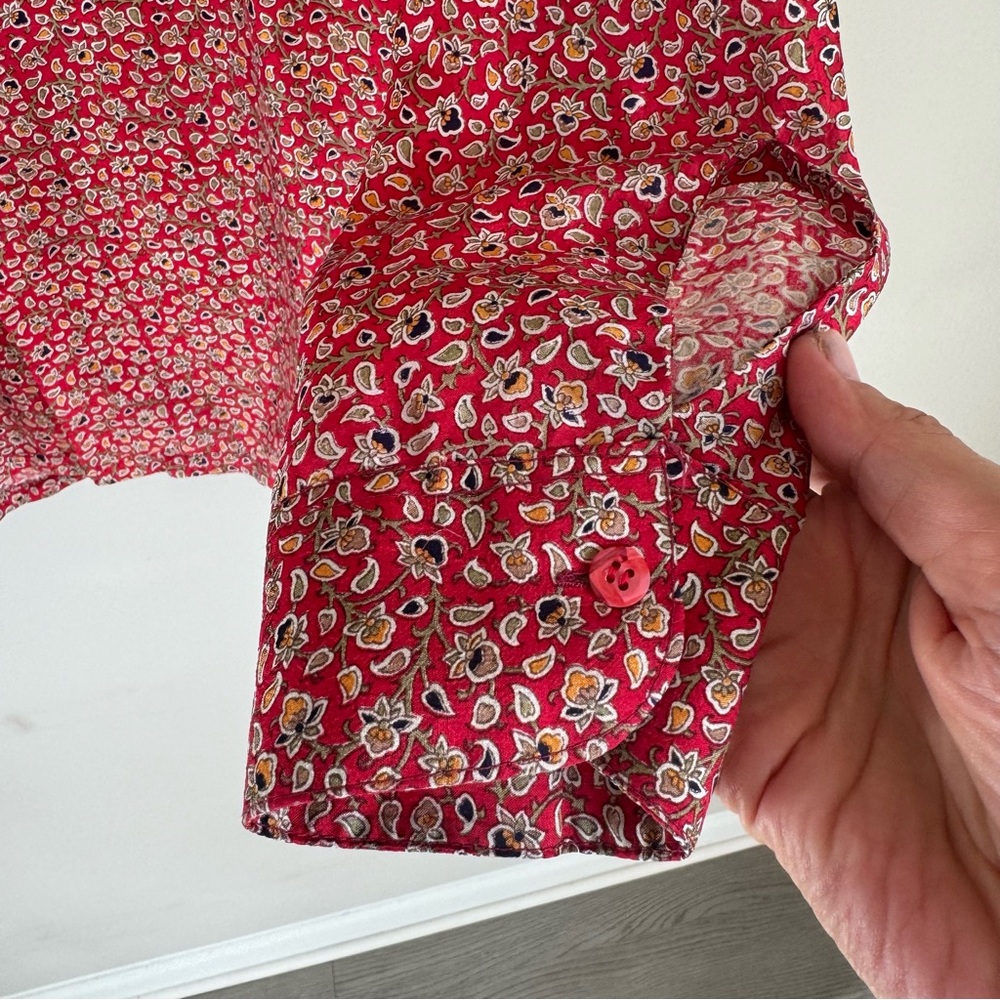 Bhagkem 100% Silk Red Floral Button Down Shirt Women’s Size M - Picture 6 of 11